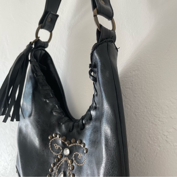 Small Leather Like Goth Biker Mob Wife Fringe Studded Jeweled Shoulder Bag - Picture 3 of 8